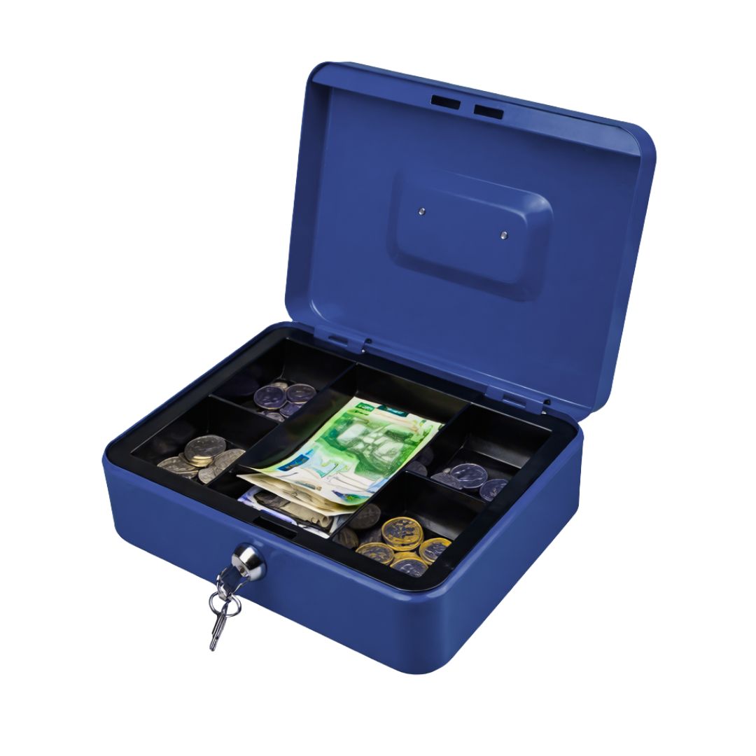 METAL CASH BOX – Cassetta portavalori in metallo con vassoio monete e 2 chiavi (25×20×9 cm)