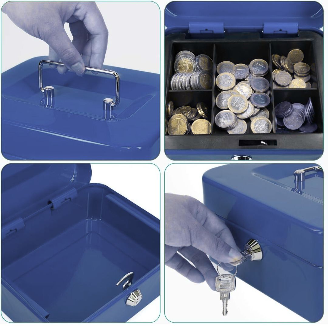 METAL CASH BOX – Cassetta portavalori in metallo con vassoio monete e 2 chiavi (25×20×9 cm)