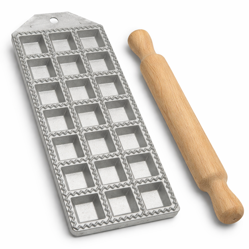 RAVIOLATORE in alluminio 24 ravioli quadrati con mattarello - Made in Italy