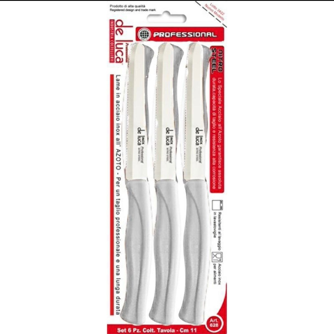 Set 6 Coltelli da Tavola Seghettati 11 cm in Acciaio Inox – Manico Bianco Ergonomico De Luca