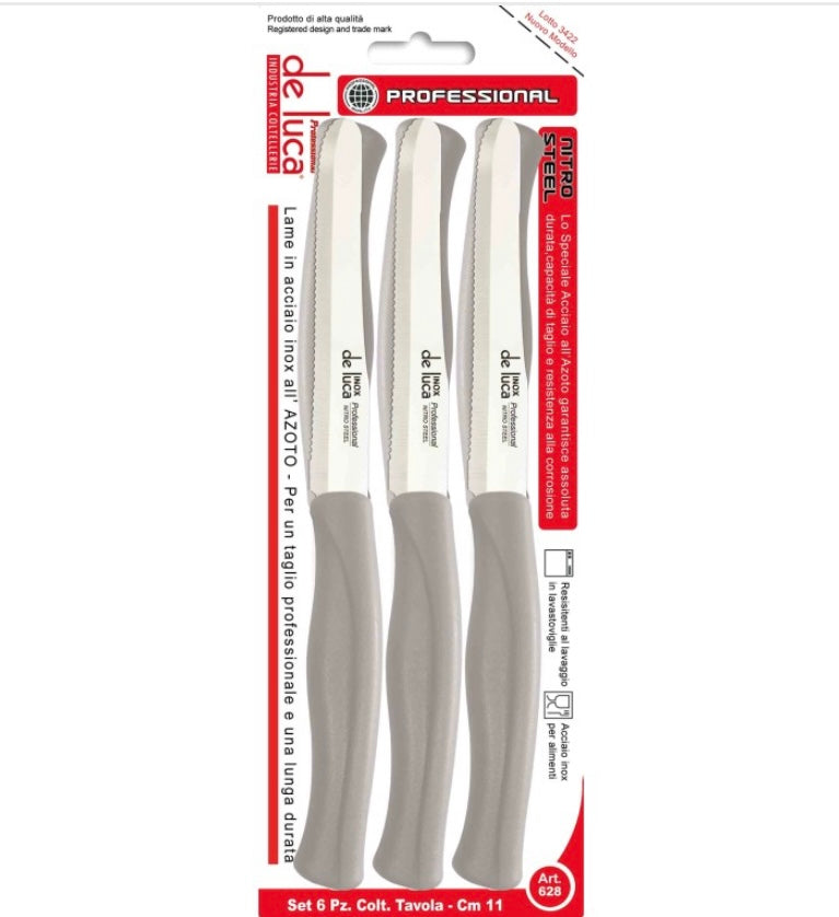 Set 6 Coltelli da Tavola Seghettati in Acciaio Inox – Lama 11 cm – Manico Tortora Ergonomico – Ideali per Carne e Pizza