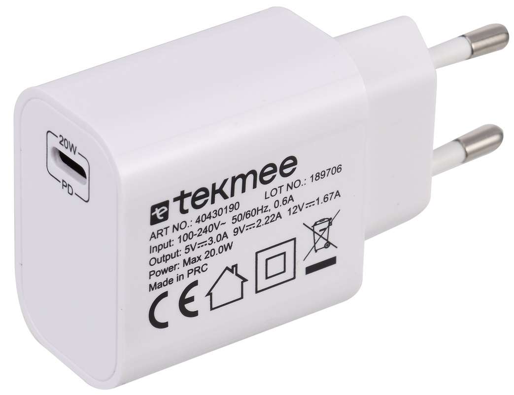Caricatore Rapido Tekmee 20W USB-C – Alimentatore da Parete Fast Charge Universale