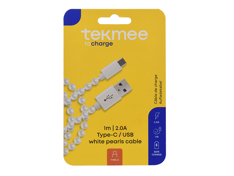 Cavo di Ricarica USB-C a USB-C Tekmee Bianco 1m – Cavo Dati e Ricarica 2.0A Design Perle