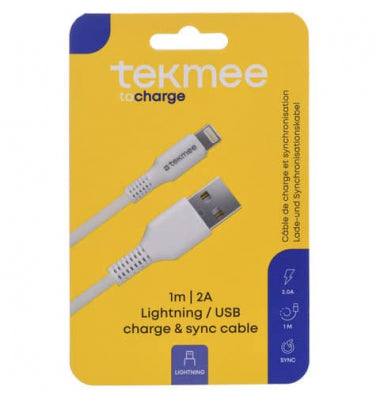 Cavo di Ricarica USB-A a Lightning Tekmee 1m Nylon Bianco – Cavo Dati e Ricarica per iPhone e iPad