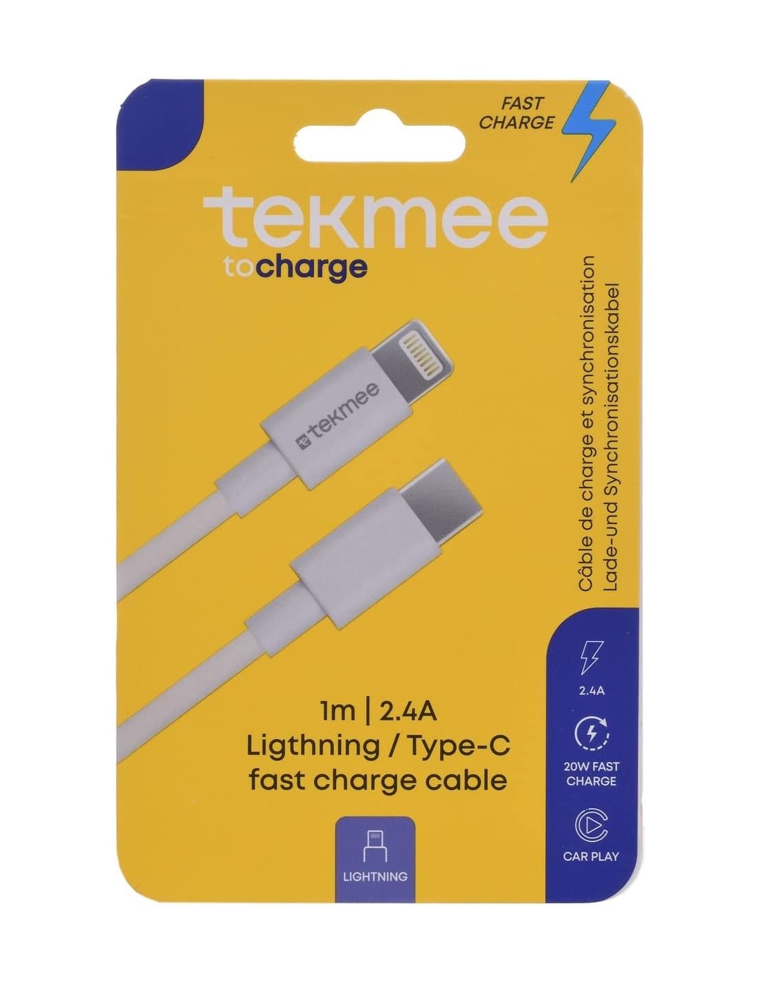 Cavo di Ricarica USB-C a Lightning Tekmee 1m – Fast Charge 2.4A per iPhone e iPad