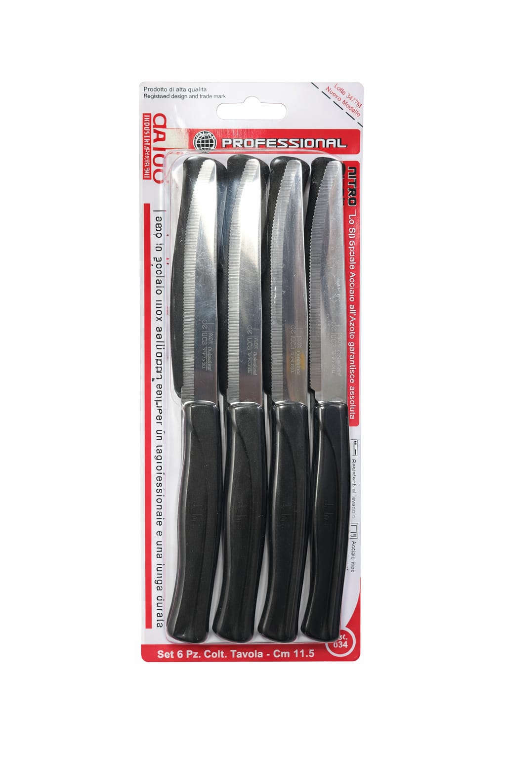 Set 6 Coltelli da Tavola Seghettati 11,5 cm in Acciaio Inox – Manico Nero Ergonomico De Luca Professional