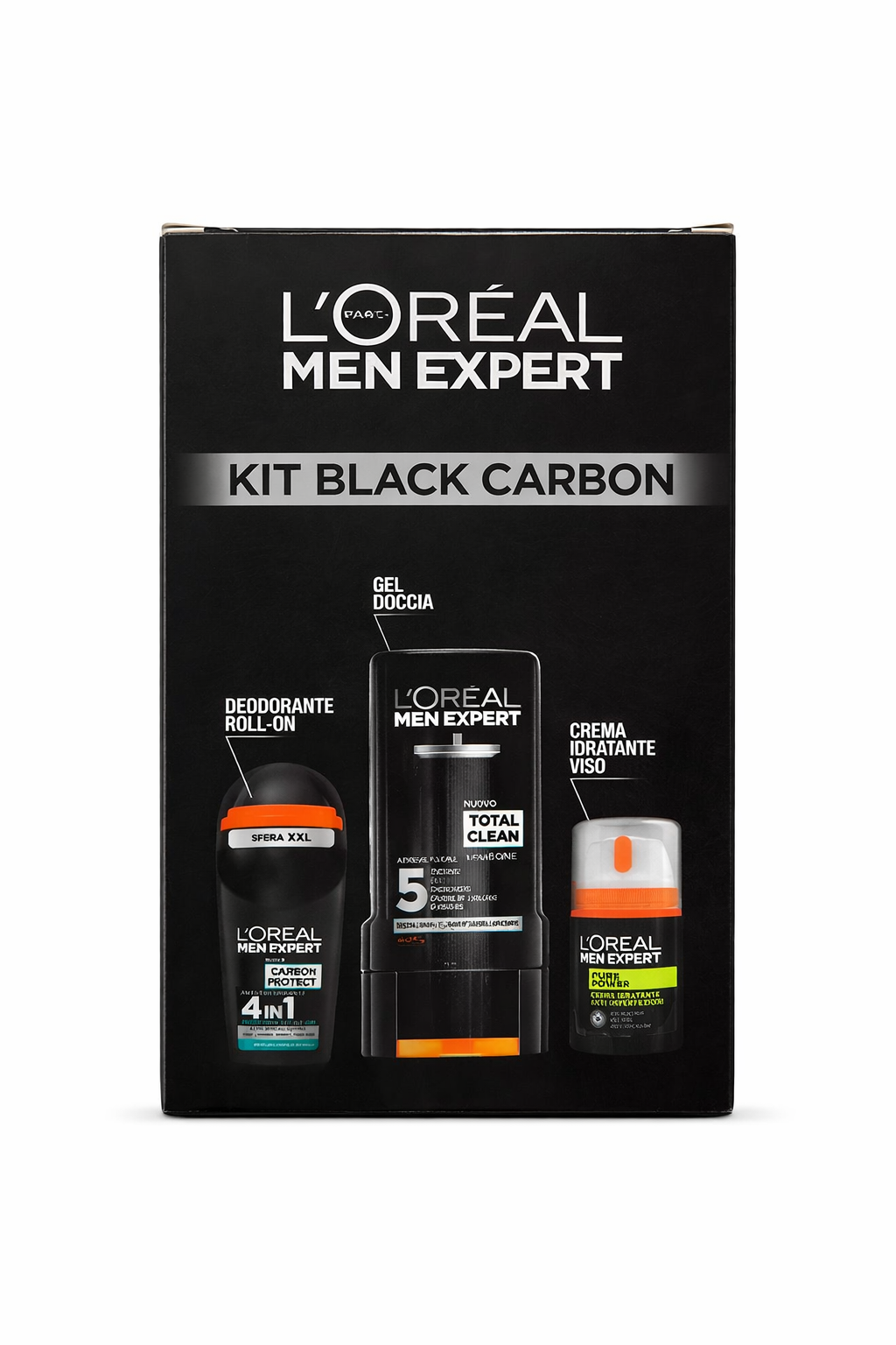 L’Oréal Men Expert Kit Black Carbon – Set Cura Uomo con Gel Doccia, Deodorante Roll-On e Crema Idratante