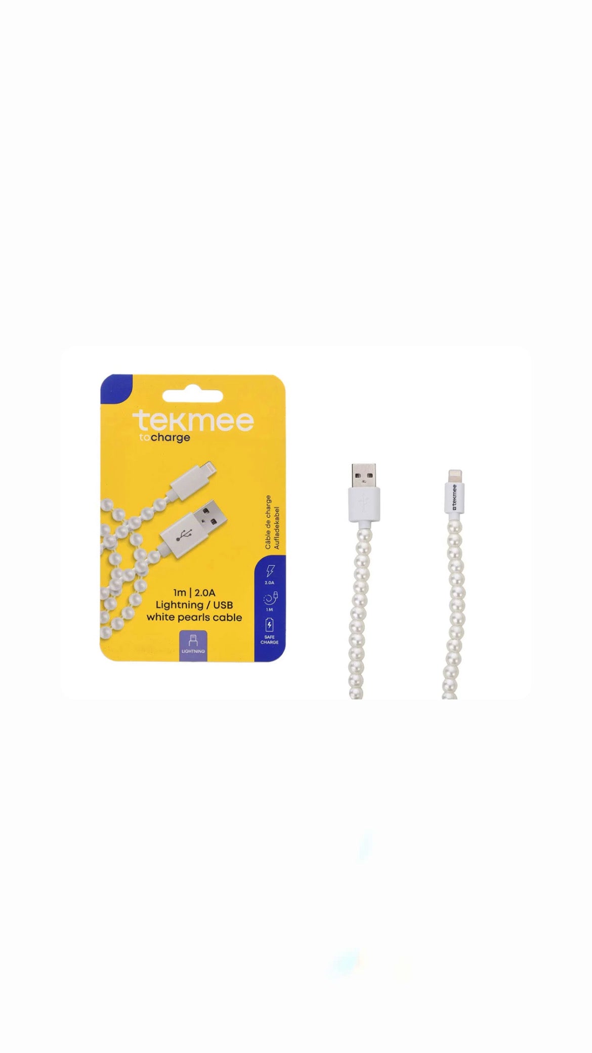 Cavo Lightning TEKMEE 1m con Perle Luminose Bianche – Cavo di Ricarica e Sincronizzazione per iPhone e iPad