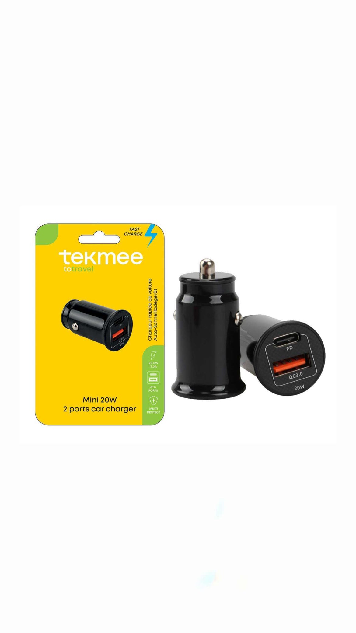 Caricatore Auto 20W USB-A + USB-C Tekmee – Caricabatterie Rapido 12V per Smartphone e Tablet