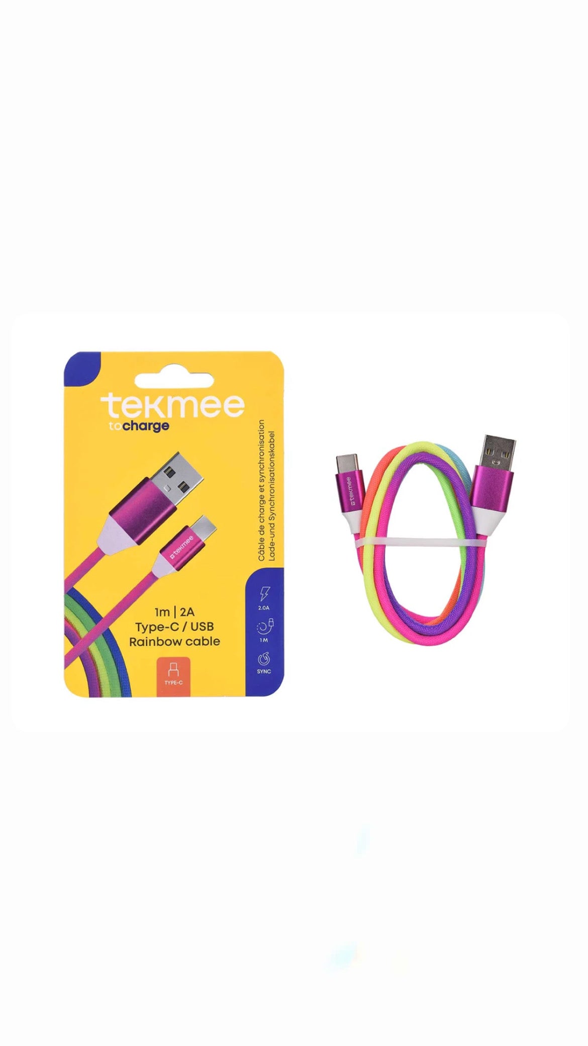 Cavo USB-C 2A 1m Rainbow TEKMEE – Cavo di Ricarica e Sincronizzazione per Smartphone e Dispositivi USB Type-C