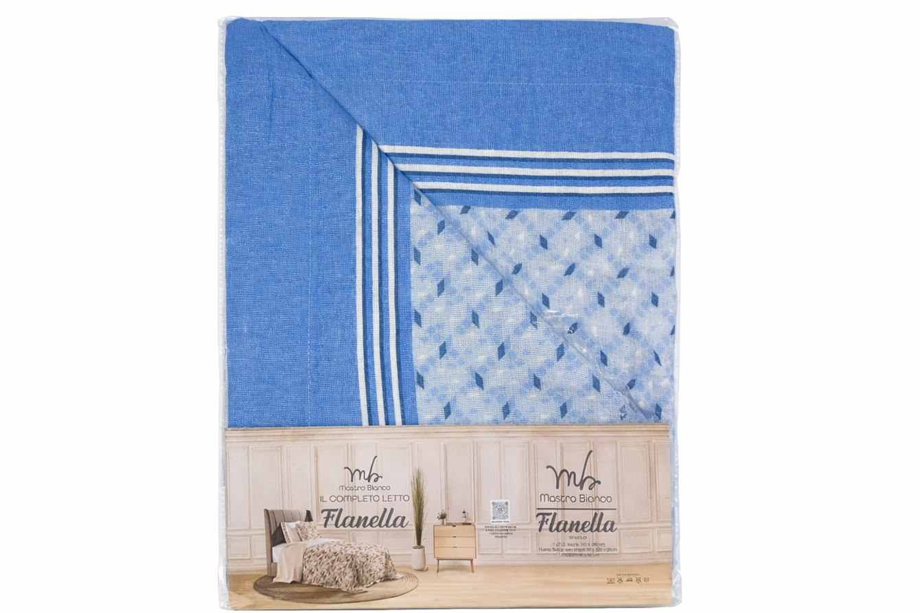Completo Letto Singolo in Flanella Mastro Bianco – Morbido e Caldo, Fantasia Blu