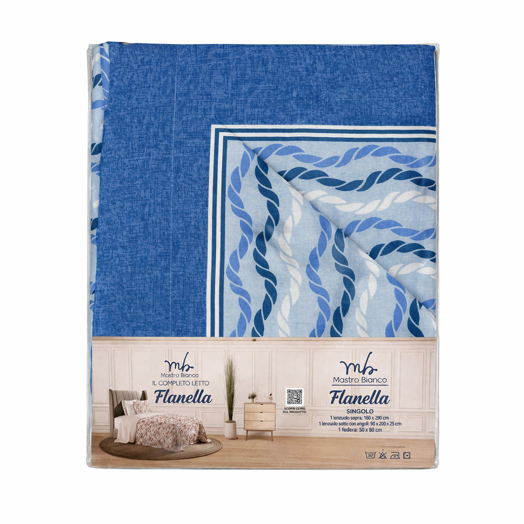 Completo Letto Singolo in Flanella Mastro Bianco – Set Lenzuola Caldo Inverno Fantasia Blu