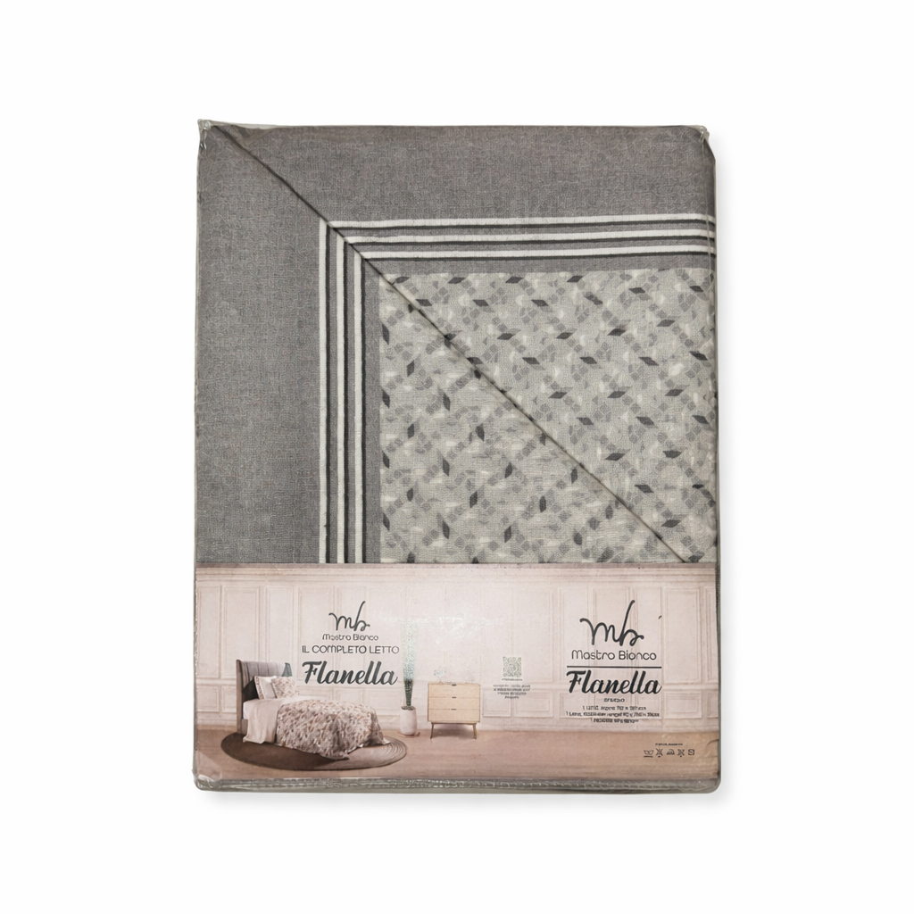 Completo Letto Singolo in Flanella Calda – Mastro Bianco Fantasia Elegante Grigio