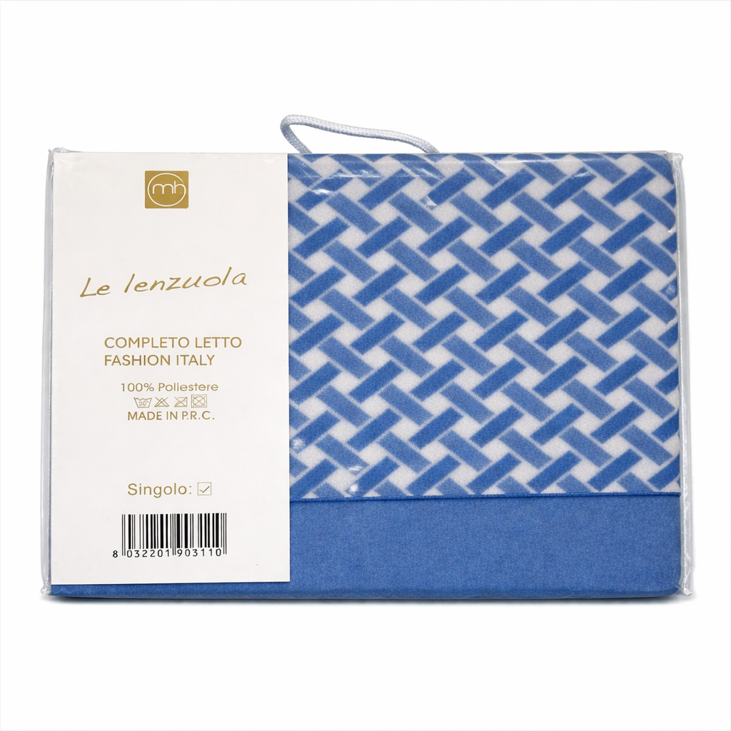 Completo Lenzuola Singolo in Poliestere – Fantasia Geometrica Blu | Fashion Italy