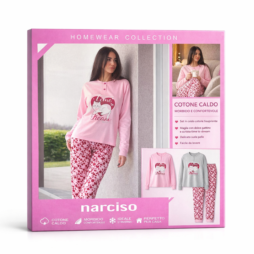 Pigiama Donna in Cotone Caldo “Time to Dream” – Set Homewear Rosa con Cuori