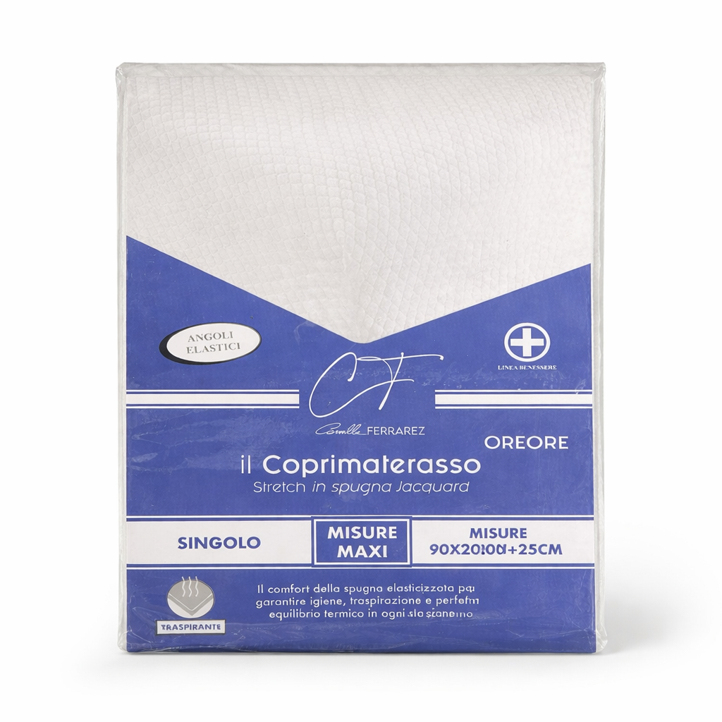 Coprimaterasso Singolo in Spugna Jacquard Elasticizzata Traspirante con Angoli Elastici Maxi Misure