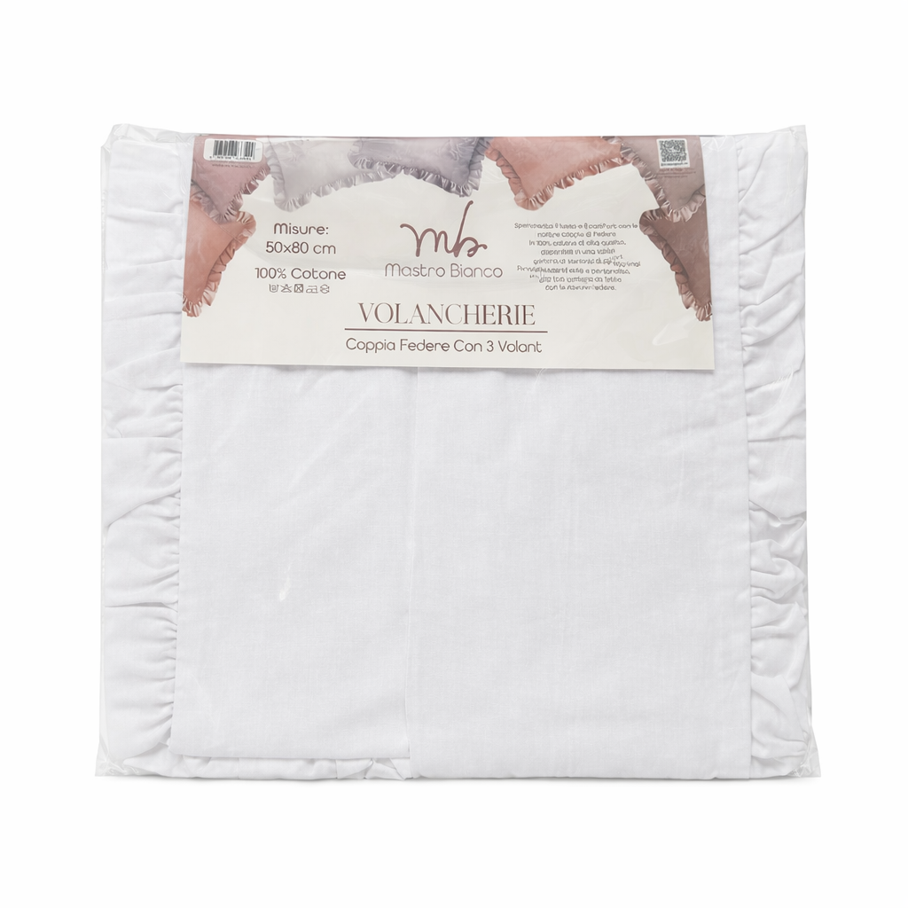 Coppia Federe in Cotone 100% con Volant – 50x80 cm – Mastro Bianco Volanchérie