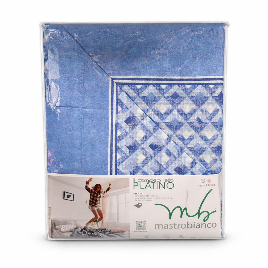 Completo letto singolo “Platino” blu Mastro Bianco– set lenzuola con federa, design elegante