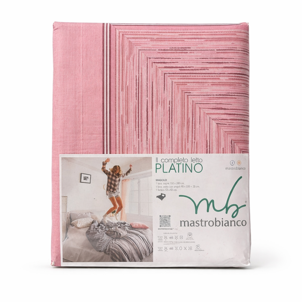 Completo letto singolo “Platino” in cotone – fantasia geometrica rosa | Mastrobianco