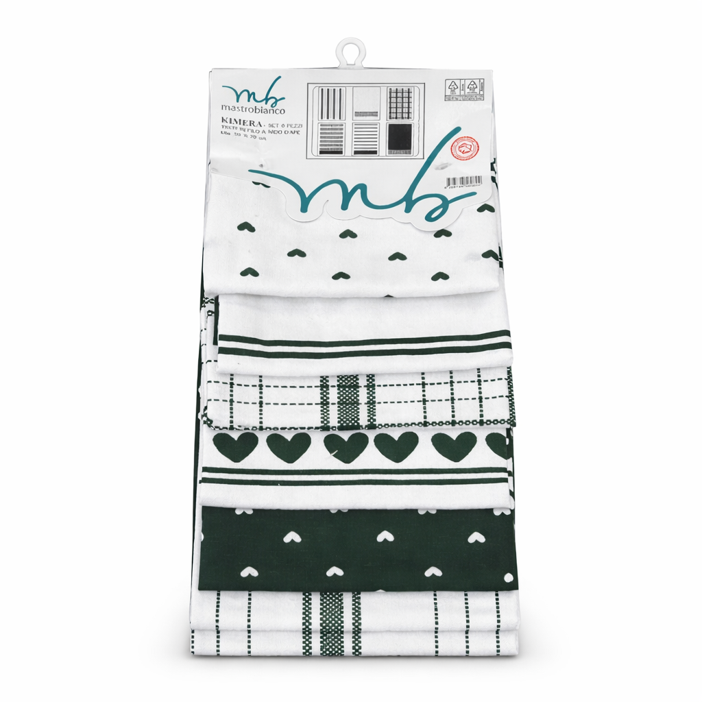 Set Strofinacci Cucina Mastro Bianco in Cotone – Fantasia Cuori Verde Elegante (6 pezzi) 100% Cotone