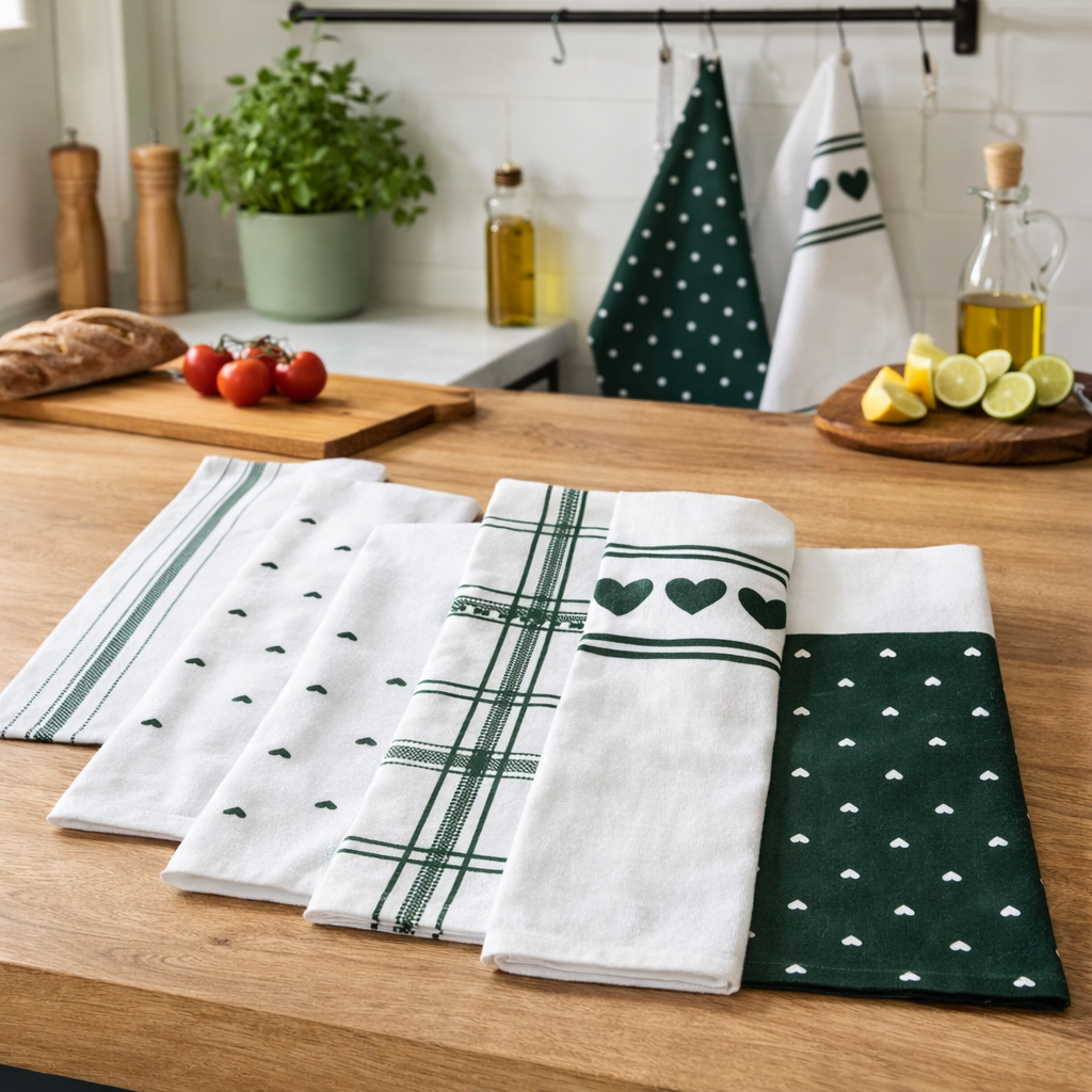 Set Strofinacci Cucina Mastro Bianco in Cotone – Fantasia Cuori Verde Elegante (6 pezzi) 100% Cotone