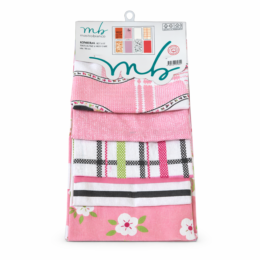 Set Strofinacci Cucina Mastro Bianco in Cotone – Fantasia Floreale Rosa (6 pezzi)