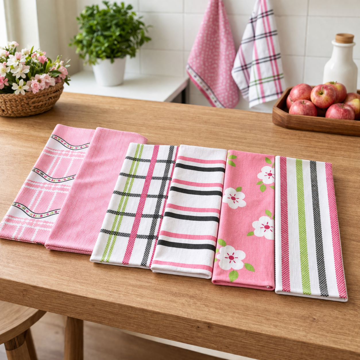 Set Strofinacci Cucina Mastro Bianco in Cotone – Fantasia Floreale Rosa (6 pezzi)
