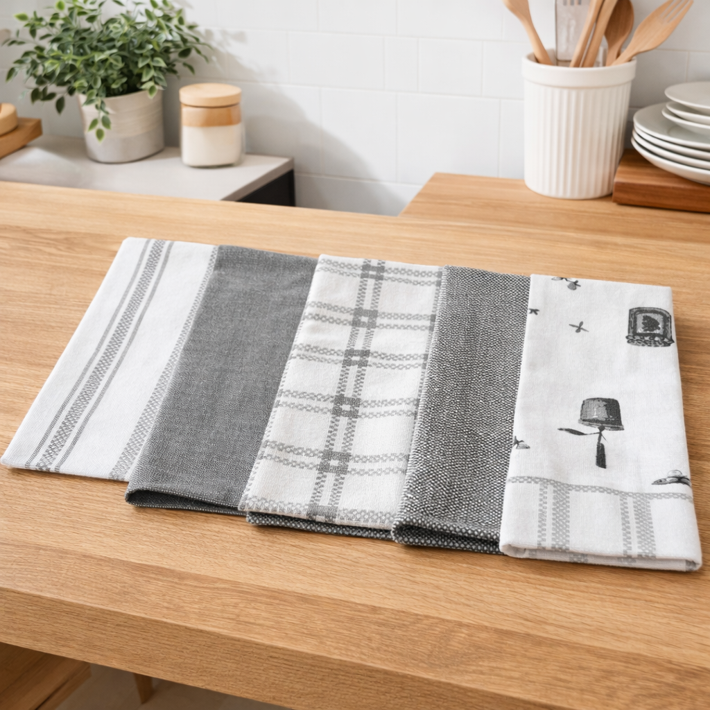 Set Strofinacci Cucina Mastro Bianco in Cotone – Fantasia Grigio Moderno (6 pezzi)
