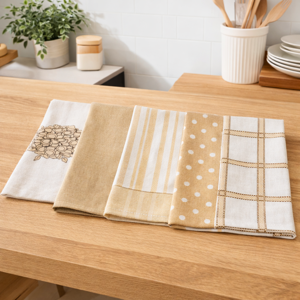 Set Strofinacci Cucina Mastro Bianco in Cotone – Fantasia Beige Elegante (6 pezzi)