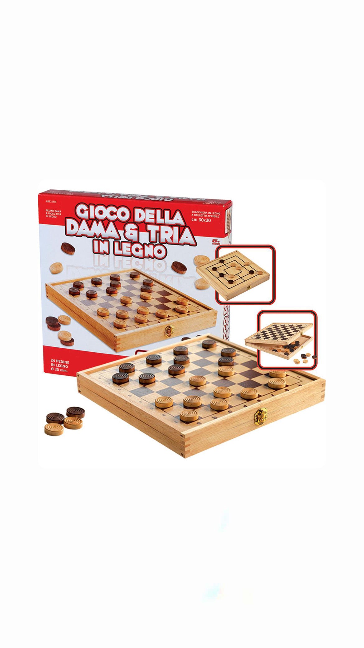 Gioco della Dama & Tria in Legno – Scacchiera 2 in 1 richiudibile 30x30 cm