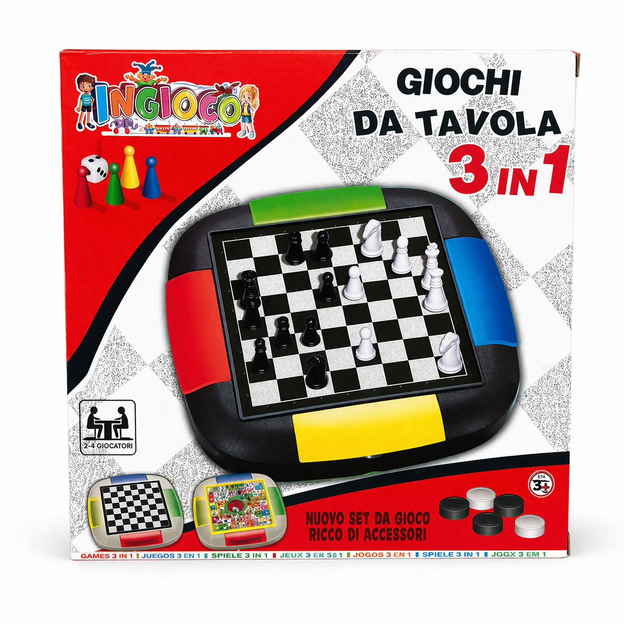 Set Giochi da Tavola 3 in 1 – Scacchi, Dama e Gioco dell’Oca | Per 2-4 Giocatori