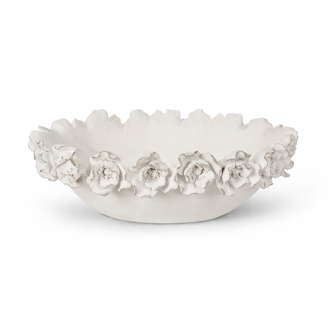 Centrotavola / Coppa Decorativa Shabby Chic con Rose in Rilievo – Finitura Bianca Anticata-Coccole di Casa