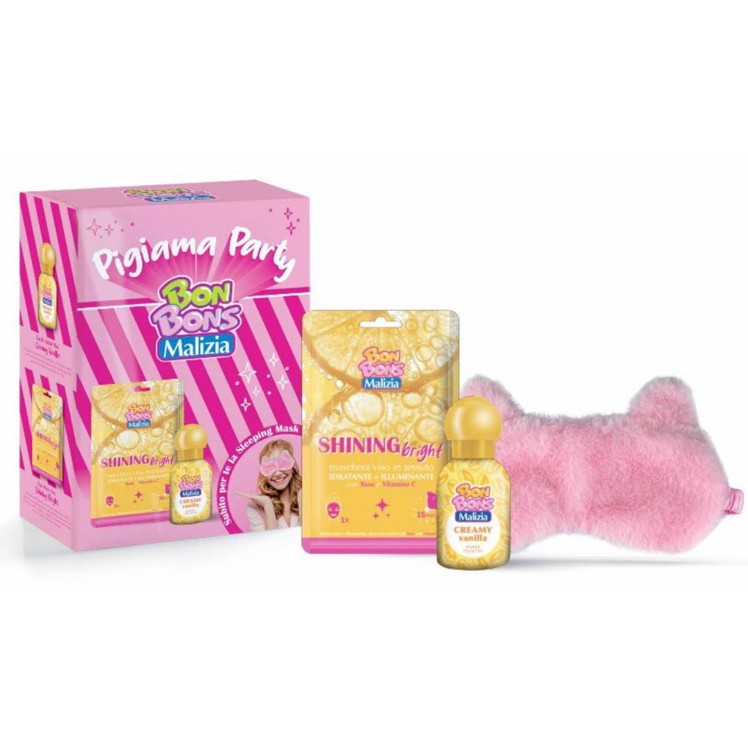 BON BONS MALIZIA – Cofanetto Pigiama Party Creamy Vanilla (Profumo 50 ml + Maschera Viso + Mascherina Notte)