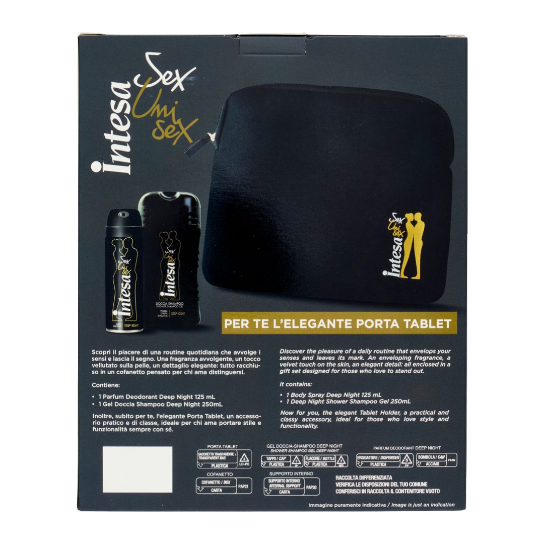 INTESA SEX UNISEX | Set Regalo Deep Night - Parfum Deodorant 125ml + Doccia Shampoo 250ml + Porta Tablet