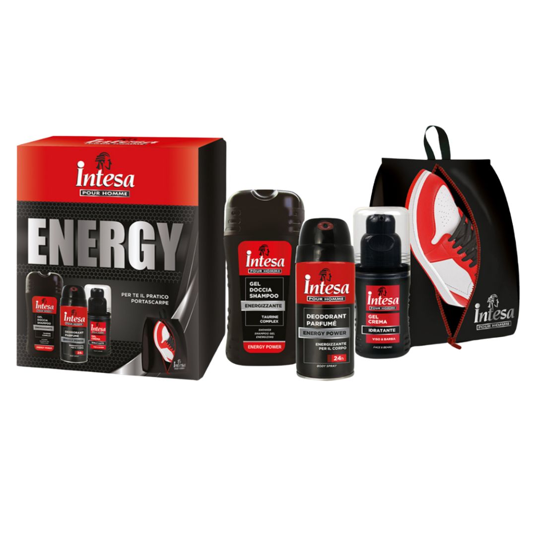 INTESA POUR HOMME ENERGY – Set Regalo Uomo | Gel Doccia 250ml + Deodorante 150ml + Gel Crema Viso 100ml + Sacca PortaScarpe