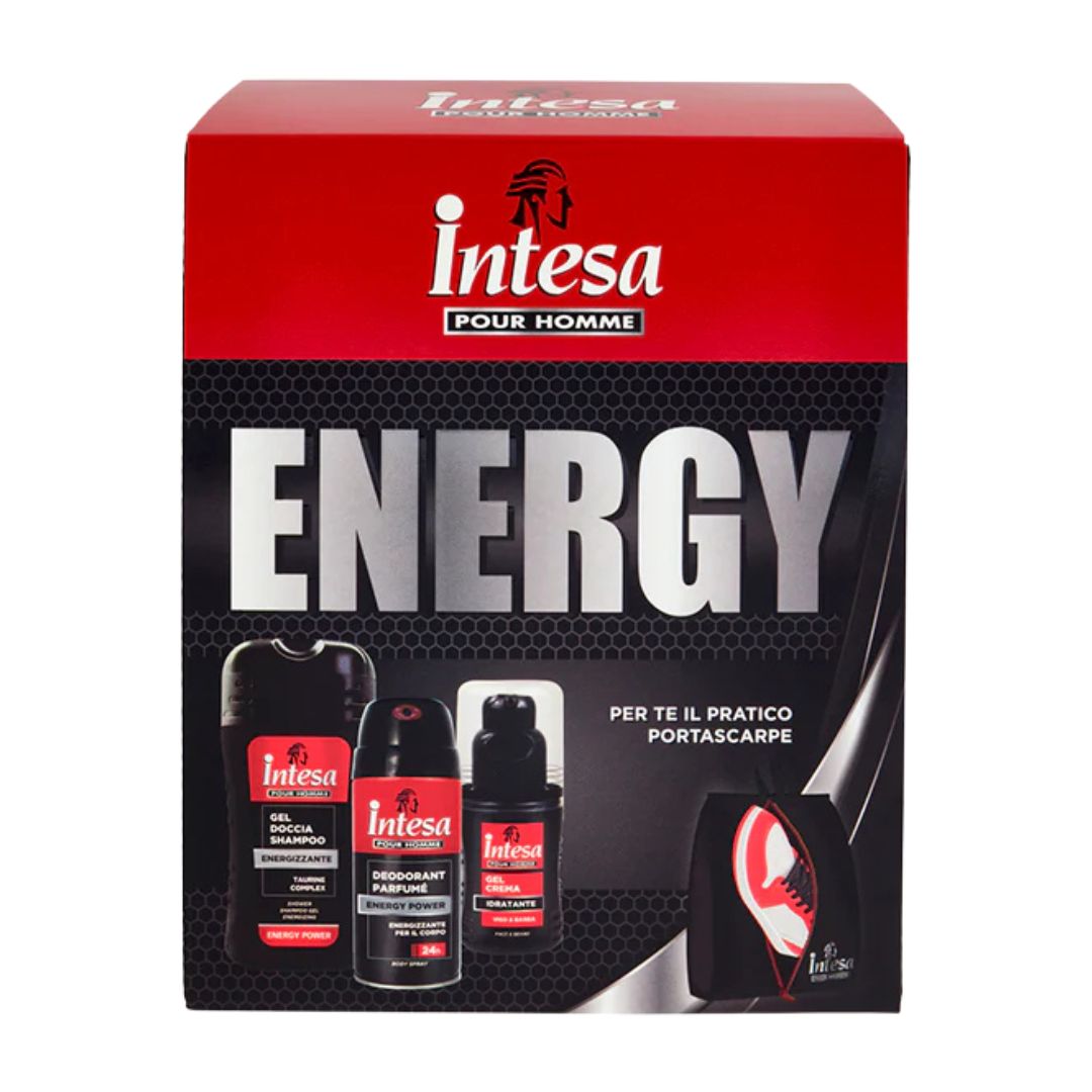 INTESA POUR HOMME ENERGY – Set Regalo Uomo | Gel Doccia 250ml + Deodorante 150ml + Gel Crema Viso 100ml + Sacca PortaScarpe