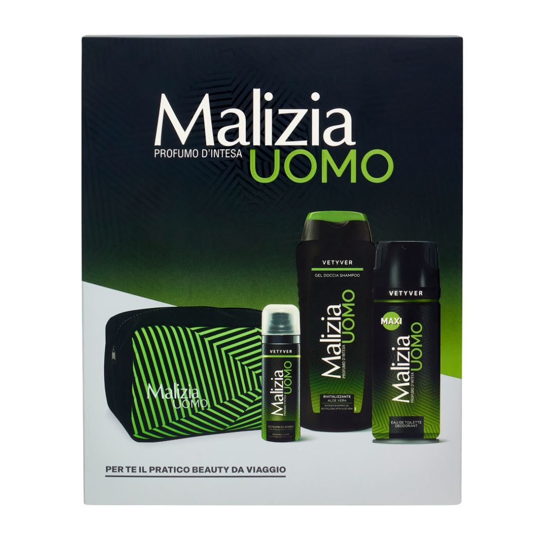 MALIZIA UOMO | Set Vetyver - Doccia Shampoo 250ml + Deo EDT Maxi 175ml + Schiuma da Barba 50ml + Beauty Case
