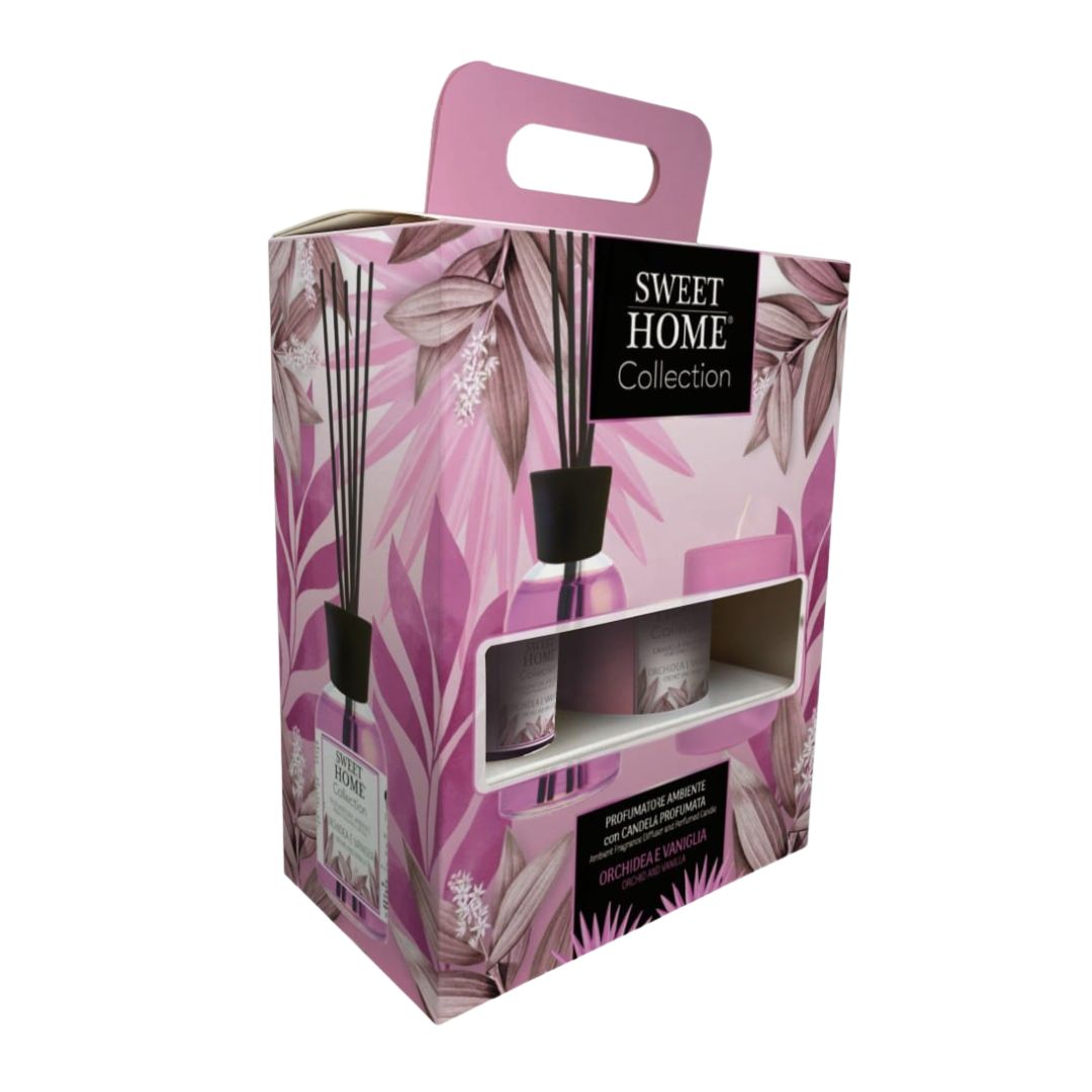 SWEET HOME | Gift Set Orchidea & Vaniglia - Profumatore Ambiente a Bastoncini 100ml + Candela 110g