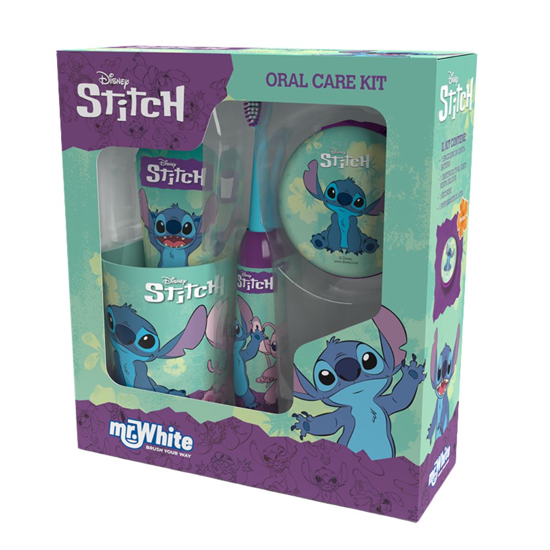 DISNEY STITCH Kit Igiene Orale | Spazzolino Elettrico + Dentifricio + Bicchiere + Portamonete
