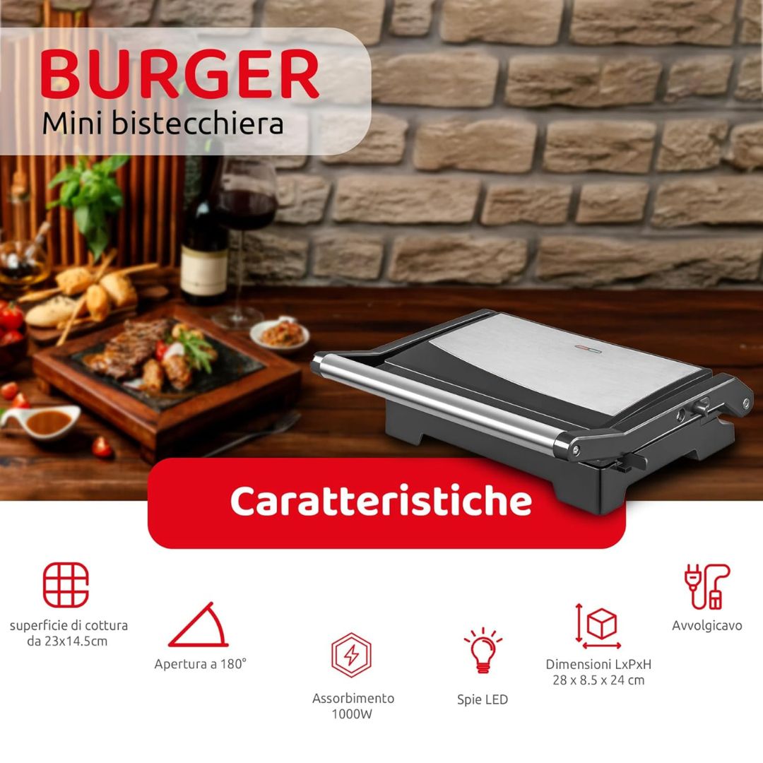 MELCHIONIFAMILY Burgy – Mini Bistecchiera Elettrica 1000W con Piastre Grill Antiaderenti